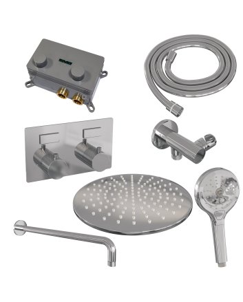 BRAUER Chrome Carving thermostatische inbouw regendouche met drukknoppen SET 58 met 30 cm douchekop en gebogen muurarm en 3-standen handdouche en doucheslang en wandaansluitbocht chroom