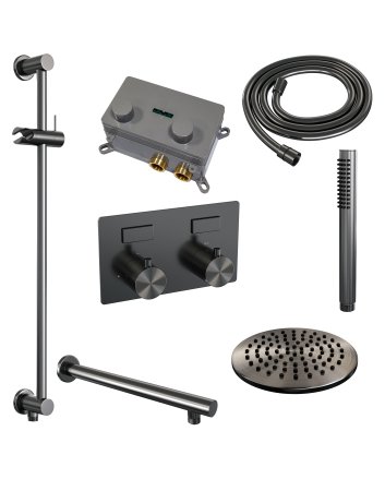 BRAUER Gunmetal Edition thermostatische inbouw regendouche met drukknoppen SET 61 met 20 cm douchekop en rechte muurarm en staaf handdouche en doucheslang en geïntegreerde glijstang gunmetal geborsteld PVD