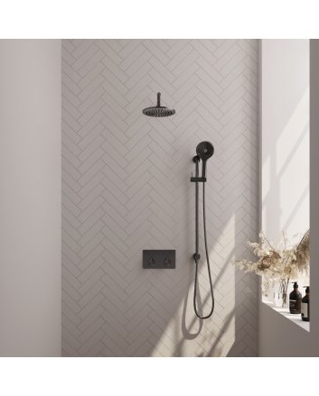 BRAUER Gunmetal Carving thermostatische inbouw regendouche met drukknoppen SET 69 met 20 cm douchekop en gebogen muurarm en 3-standen handdouche en doucheslang en geïntegreerde glijstang gunmetal geborsteld PVD
