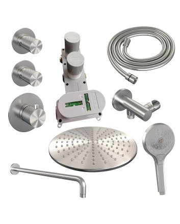 BRAUER Brushed Carving thermostatische inbouw regendouche SET 10 met 30 cm douchekop en gebogen muurarm en 3-standen handdouche en doucheslang en wandaansluitbocht RVS geborsteld PVD