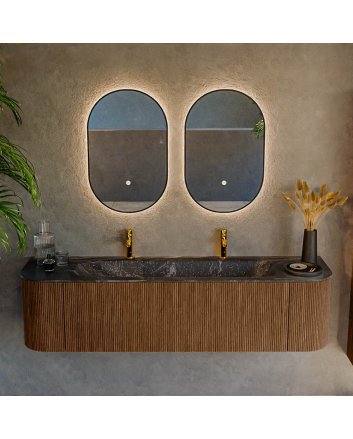 Mondiaz Kurve-Dlux 170cm badmeubel ronding Links + Rechts kleur Walnut met 1 lade en 2 deuren. Wastafel Big large Midden 2 kraangaten Lava.