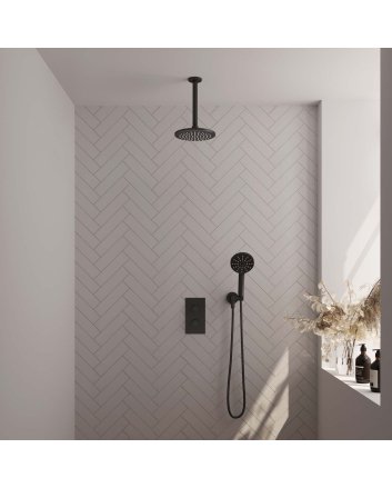 BRAUER Black Carving thermostatische inbouw regendouche 3-weg omstelling SET 35 met 20 cm douchekop en plafondarm en 3-standen handdouche en doucheslang en wandaansluitbocht mat zwart