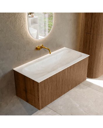 Mondiaz Kurve-Dlux 100cm badmeubel kleur Walnut met 1 lade en 0 deuren. Wastafel Big medium Midden zonder kraangat Ostra.
