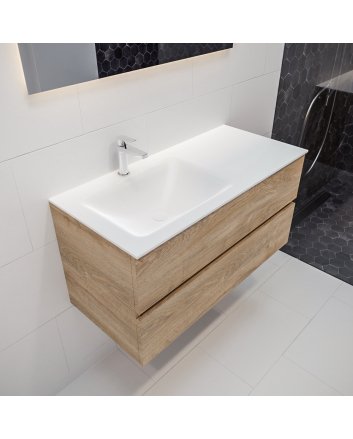 Mondiaz Vica 100 badmeubel washed oak 2 lades wastafel Cloud links 1 kraangat