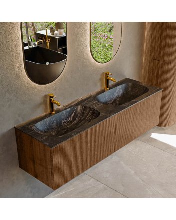 Mondiaz Kurve-Dlux 150cm badmeubel kleur Walnut met 2 lades en 0 deuren. Wastafel Stor small Dubbel 2 kraangaten Lava.