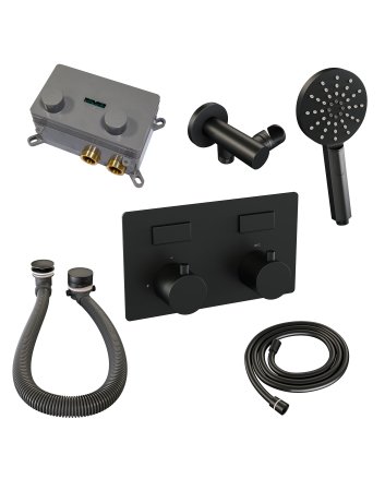 BRAUER Black Edition thermostatische inbouw badkraan met drukknoppen SET 04 met badvulcombinatie en 3-standen handdouche en doucheslang en wandaansluitbocht mat zwart