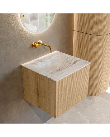 Mondiaz Kurve-Dlux 50cm badmeubel kleur Oak met 1 lade en 0 deuren. Wastafel Grunne Midden zonder kraangat Glace.