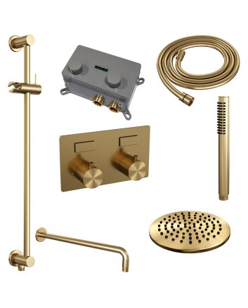BRAUER Gold Carving thermostatische inbouw regendouche met drukknoppen SET 63 met 20 cm douchekop en gebogen muurarm en staaf handdouche en doucheslang en geïntegreerde glijstang goud geborsteld PVD