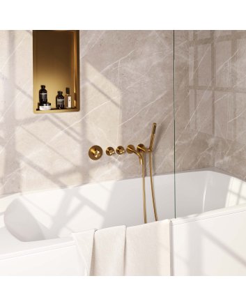 BRAUER Gold Edition thermostatische inbouw badkraan SET 01 met uitloop en staaf handdouche en doucheslang en wandaansluitbocht goud geborsteld PVD