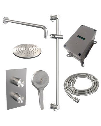BRAUER Brushed Edition thermostatische inbouw regendouche 3-weg omstelling SET 45 met 20 cm douchekop en gebogen muurarm en 3-standen handdouche en doucheslang en geïntegreerde glijstang RVS geborsteld PVD