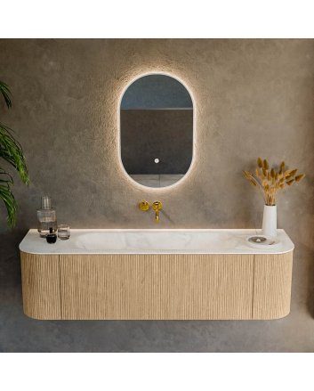 Mondiaz Kurve-Dlux 160cm badmeubel ronding Links + Rechts kleur Oak met 1 lade en 2 deuren. Wastafel Big medium Midden zonder kraangat Ostra.