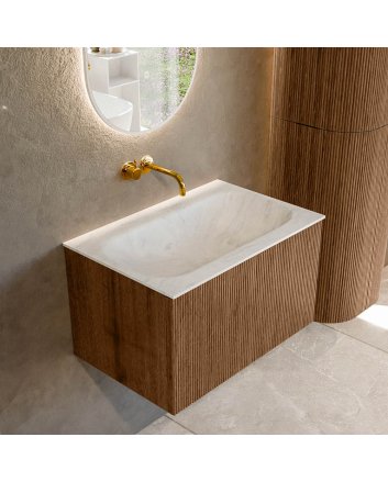 Mondiaz Kurve-Dlux 70cm badmeubel kleur Walnut met 1 lade en 0 deuren. Wastafel Big small Midden zonder kraangat Opalo.