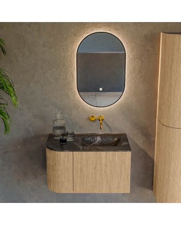 Mondiaz Kurve-Dlux 75cm badmeubel ronding Links kleur Oak met 1 lade en 1 deur. Wastafel Grunne Rechts zonder kraangat Lava.
