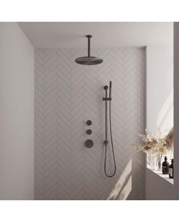 BRAUER Gunmetal Edition thermostatische inbouw regendouche SET 18 met 30 cm douchekop en plafondarm en staaf handdouche en doucheslang en geïntegreerde glijstang gunmetal geborsteld PVD