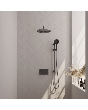 BRAUER Gunmetal Carving thermostatische inbouw regendouche met drukknoppen SET 70 met 30 cm douchekop en gebogen muurarm en 3-standen handdouche en doucheslang en geïntegreerde glijstang gunmetal geborsteld PVD