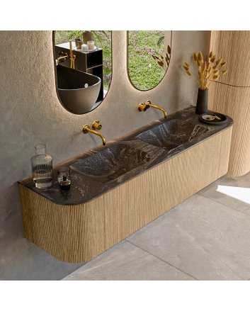 Mondiaz Kurve-Dlux 170cm badmeubel ronding Links + Rechts kleur Oak met 1 lade en 2 deuren. Wastafel Leaf Dubbel zonder kraangat Lava.