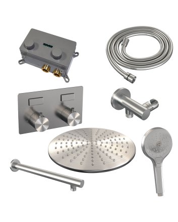 BRAUER Brushed Carving thermostatische inbouw regendouche met drukknoppen SET 56 met 30 cm douchekop en rechte muurarm en 3-standen handdouche en doucheslang en wandaansluitbocht RVS geborsteld PVD