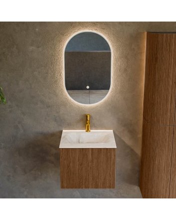 Mondiaz Kurve-Dlux 50cm badmeubel kleur Walnut met 1 lade en 0 deuren. Wastafel Grunne Midden 1 kraangat Frappe.