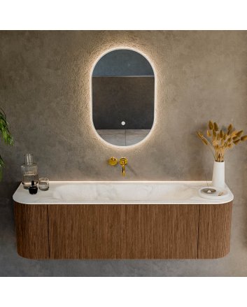 Mondiaz Kurve-Dlux 150cm badmeubel ronding Links + Rechts kleur Walnut met 1 lade en 2 deuren. Wastafel Big medium Midden zonder kraangat Ostra.