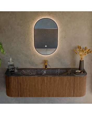 Mondiaz Kurve-Dlux 150cm badmeubel ronding Links + Rechts kleur Walnut met 1 lade en 2 deuren. Wastafel Big medium Midden 1 kraangat Lava.