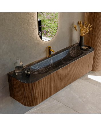 Mondiaz Kurve-Dlux 170cm badmeubel ronding Links + Rechts kleur Walnut met 1 lade en 2 deuren. Wastafel Big large Midden 1 kraangat Lava.