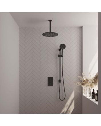 BRAUER Black Edition thermostatische inbouw regendouche 3-weg omstelling SET 48 met 30 cm douchekop en plafondarm en 3-standen handdouche en doucheslang en geïntegreerde glijstang mat zwart