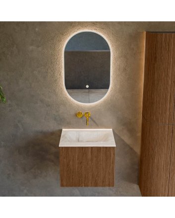 Mondiaz Kurve-Dlux 50cm badmeubel kleur Walnut met 1 lade en 0 deuren. Wastafel Grunne Midden zonder kraangat Frappe.