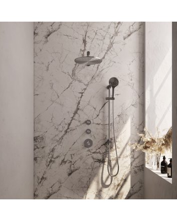 BRAUER Brushed Edition thermostatische inbouw regendouche SET 20 met 30 cm douchekop en rechte muurarm en 3-standen handdouche en doucheslang en geïntegreerde glijstang RVS geborsteld PVD