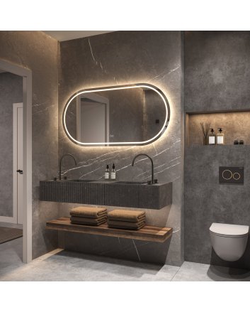 Phantom rechthoekige ovale LED spiegel 140x70cm met directe en indirecte verlichting rondom, spiegelverwarming, kleurenwissel en touchdimmer