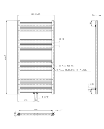 120x60 cm - 775 Watt - Ecorad Handdoekradiator - Geborsteld Koper - Universal-6 aansluitpunten