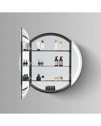 Hipp Design Luxe ronde spiegelkast 100cm in mat zwart met LED verlichting rondom, spiegelverwarming, geaard stopcontact en verstelbare glazen planken