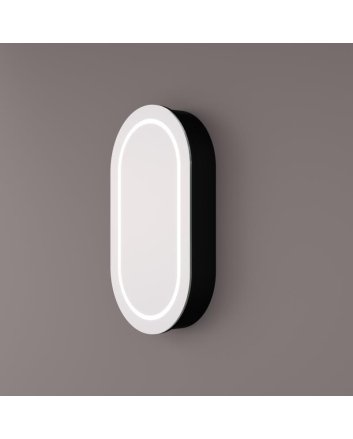Hipp Design Luxe rechthoekige ovale spiegelkast 120x70cm in mat zwart met LED verlichting rondom, spiegelverwarming, geaard stopcontact en verstelbare glazen planken