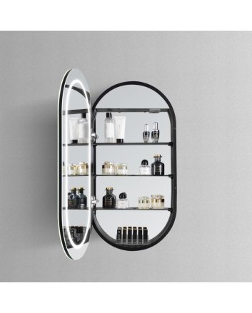 Hipp Design Luxe rechthoekige ovale spiegelkast 120x70cm in mat zwart met LED verlichting rondom, spiegelverwarming, geaard stopcontact en verstelbare glazen planken