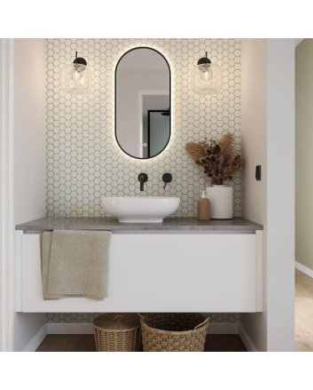 Hipp Design mat zwarte rechthoekige ovale LED spiegel 45x90cm met indirecte verlichting rondom, spiegelverwarming, kleurenwissel en touchdimmer