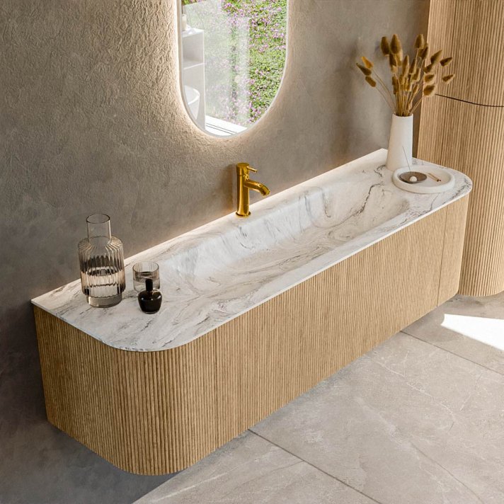 Mondiaz Kurve-Dlux 160cm badmeubel ronding Links + Rechts kleur Oak met 1 lade en 2 deuren. Wastafel Big medium Midden 1 kraangat Glace.