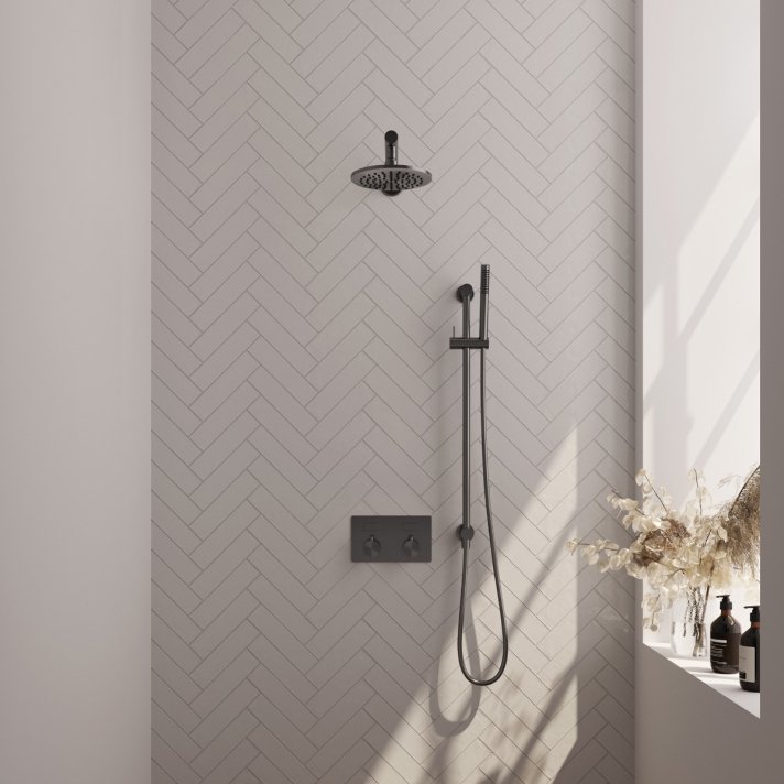 BRAUER Gunmetal Carving thermostatische inbouw regendouche met drukknoppen SET 61 met 20 cm douchekop en rechte muurarm en staaf handdouche en doucheslang en geïntegreerde glijstang gunmetal geborsteld PVD