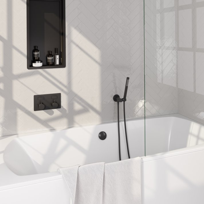BRAUER Black Edition thermostatische inbouw badkraan met drukknoppen SET 03 met badvulcombinatie en staaf handdouche en doucheslang en wandaansluitbocht mat zwart