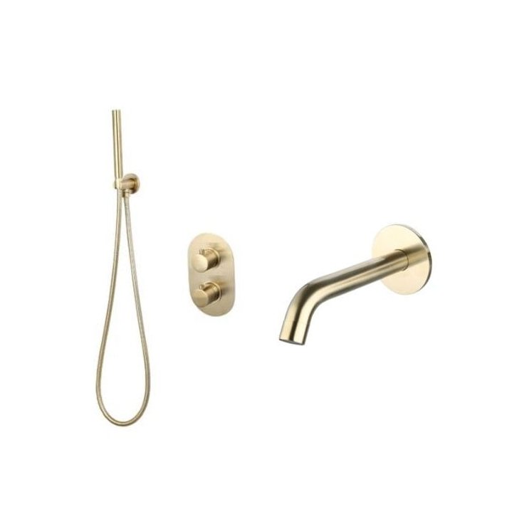 Sani DeLuxe Badset inbouw met box thermostaat, muurbevestiging / doucheslang, staafhanddouche rond Goud Geborsteld