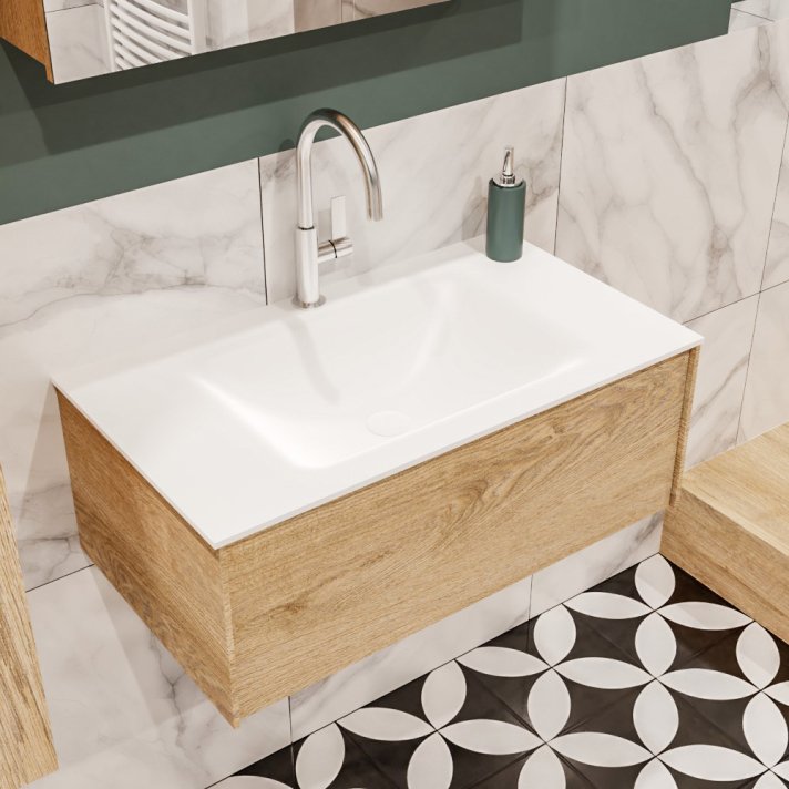 Mondiaz Lush 80cm badmeubel washed oak 1 lade wastafel Cloud midden 1 kraangat