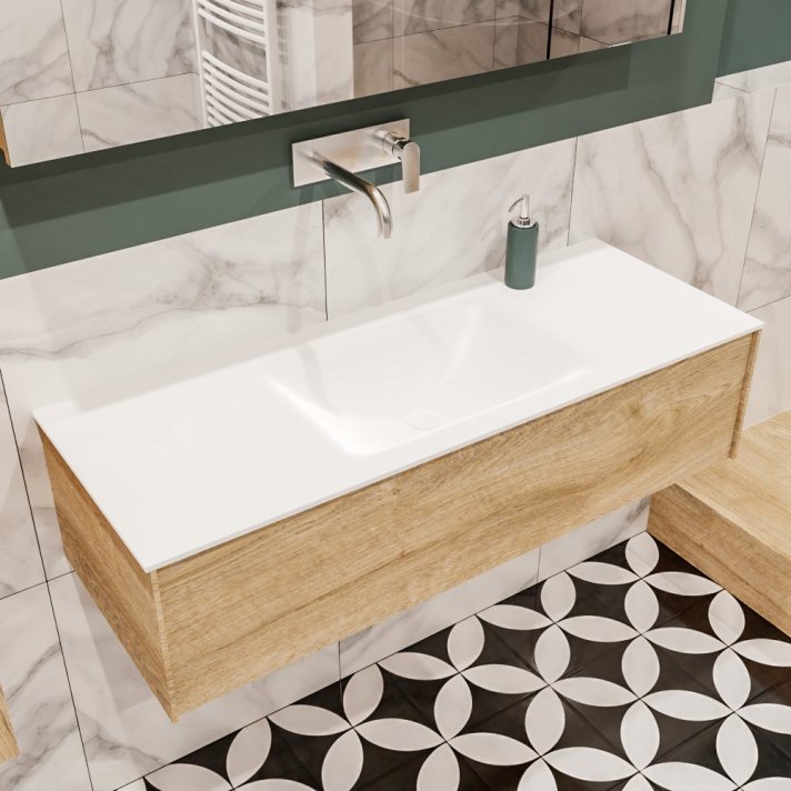 Mondiaz Lush 120 badmeubel washed oak 1 lade wastafel midden geen kraangat