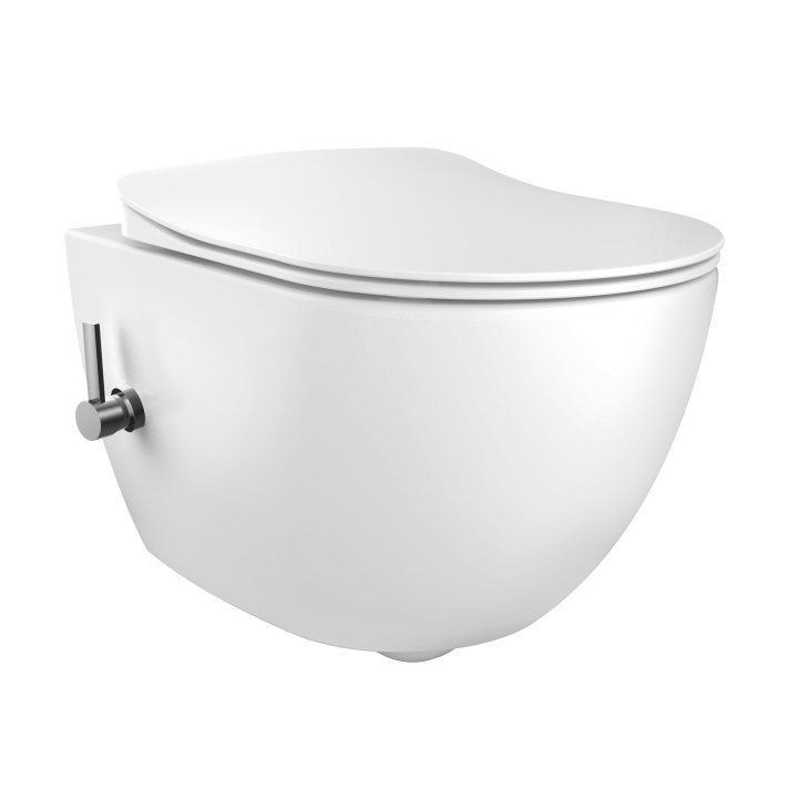 Hunk & Müeller Design Rimoff Ophang Wc Met Rvs Sproeier (Bidet) + Koud Waterkraan - Wit (zonder zitting)