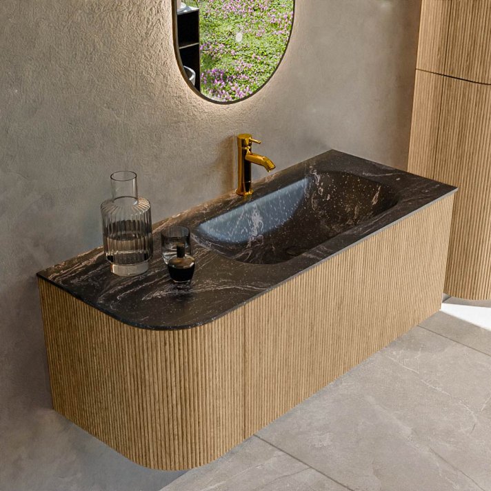 Mondiaz Kurve-Dlux 115cm badmeubel ronding Links kleur Oak met 1 lade en 1 deur. Wastafel Big small Rechts 1 kraangat Lava.