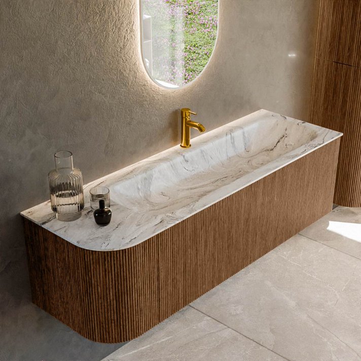 Mondiaz Kurve-Dlux 145cm badmeubel ronding Links kleur Walnut met 1 lade en 1 deur. Wastafel Big large Rechts 1 kraangat Glace.