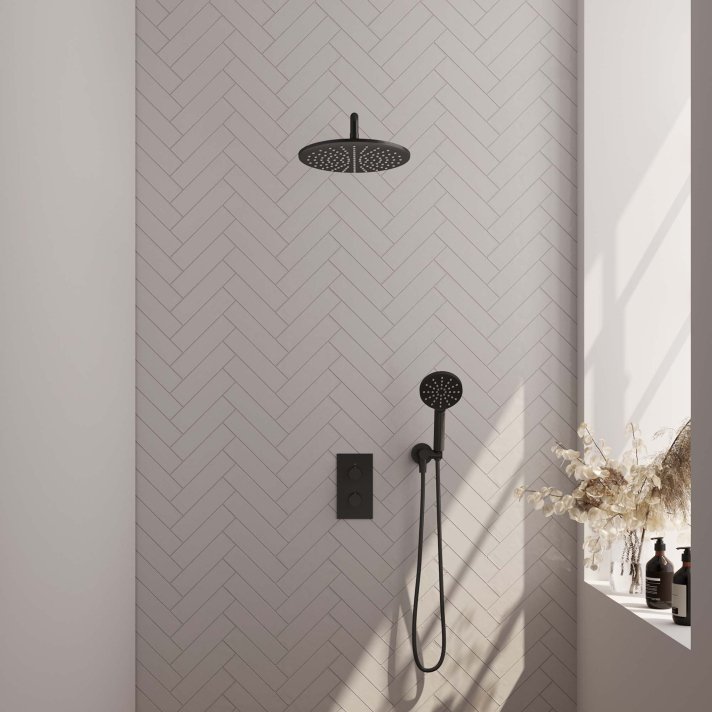 BRAUER Black Carving thermostatische inbouw regendouche 3-weg omstelling SET 34 met 30 cm douchekop en gebogen muurarm en 3-standen handdouche en doucheslang en wandaansluitbocht mat zwart
