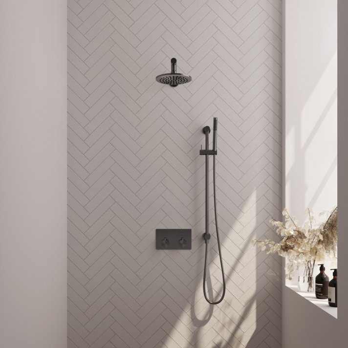 BRAUER Gunmetal Carving thermostatische inbouw regendouche met drukknoppen SET 61 met 20 cm douchekop en rechte muurarm en staaf handdouche en doucheslang en geïntegreerde glijstang gunmetal geborsteld PVD