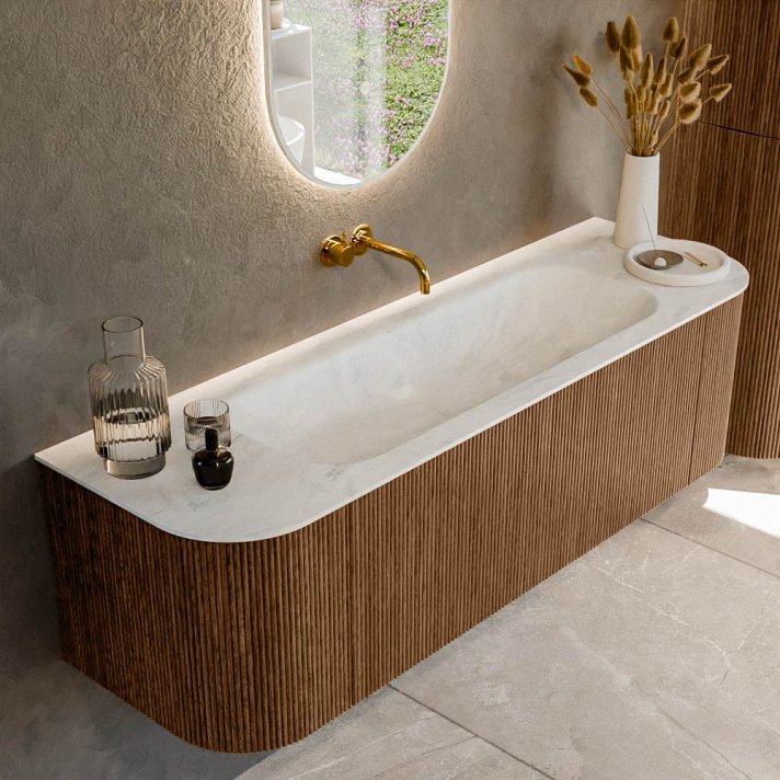 Mondiaz Kurve-Dlux 150cm badmeubel ronding Links + Rechts kleur Walnut met 1 lade en 2 deuren. Wastafel Big medium Midden zonder kraangat Opalo.