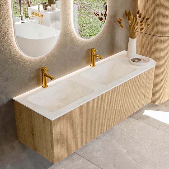 Mondiaz Kurve-Dlux 145cm badmeubel ronding Rechts kleur Oak met 1 lade en 1 deur. Wastafel Leaf Dubbel / Links 2 kraangaten Opalo.