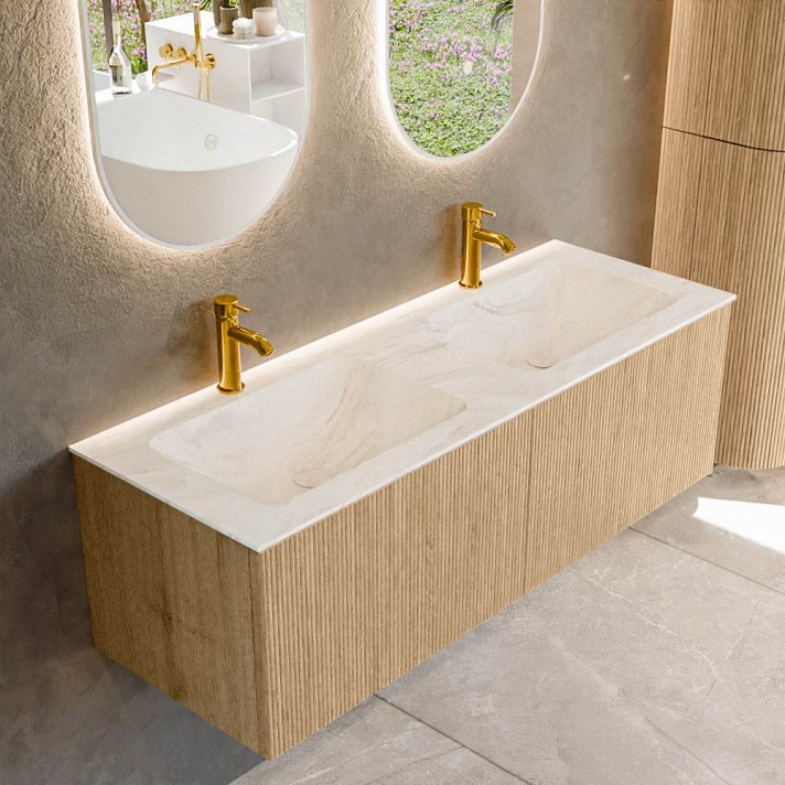 Mondiaz Kurve-Dlux 130cm badmeubel kleur Oak met 2 lades en 0 deuren. Wastafel Leaf Dubbel 2 kraangaten Ostra.