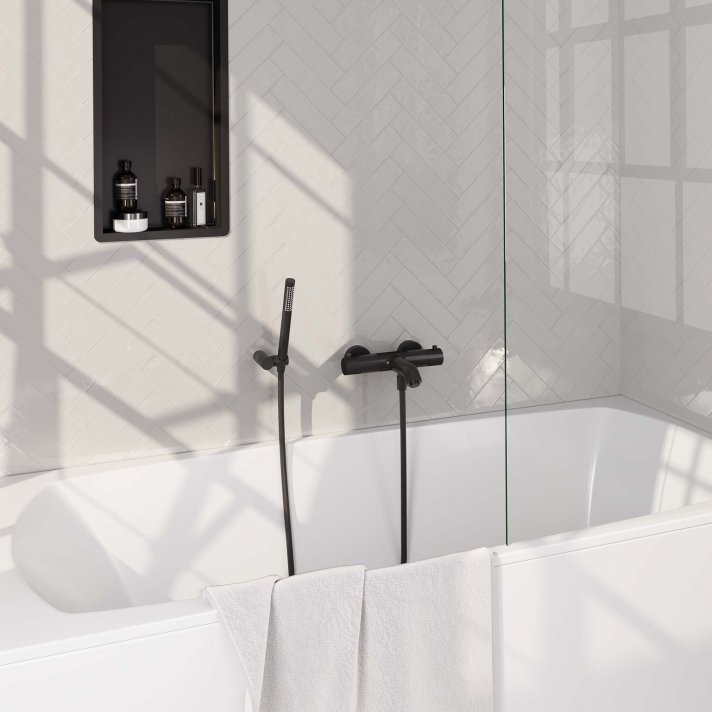 BRAUER Black Edition opbouw baddouche thermostaatkraan SET 03 met wandhouder en staaf handdouche en doucheslang mat zwart