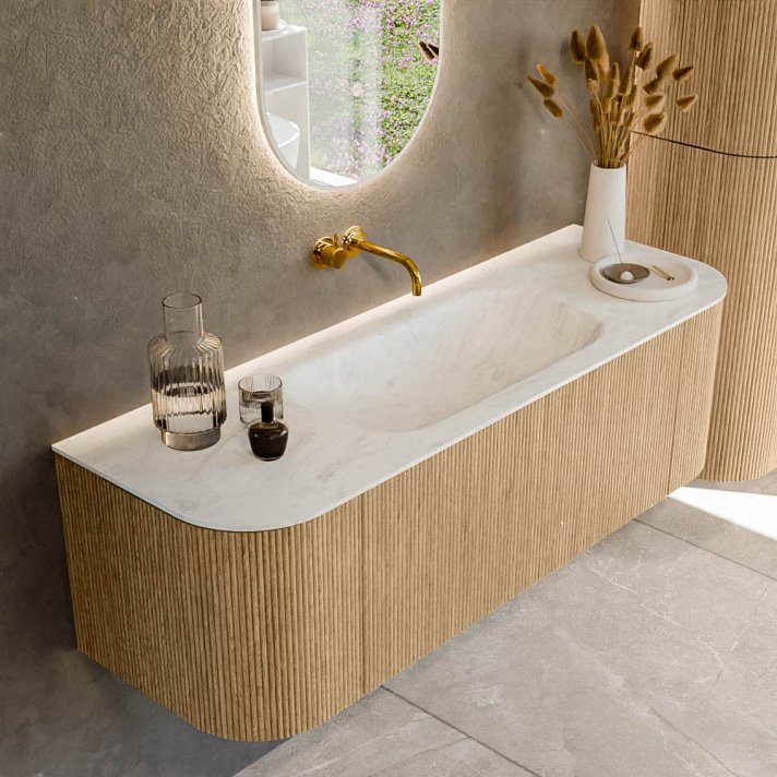 Mondiaz Kurve-Dlux 140cm badmeubel ronding Links + Rechts kleur Oak met 1 lade en 2 deuren. Wastafel Big small Midden zonder kraangat Opalo.
